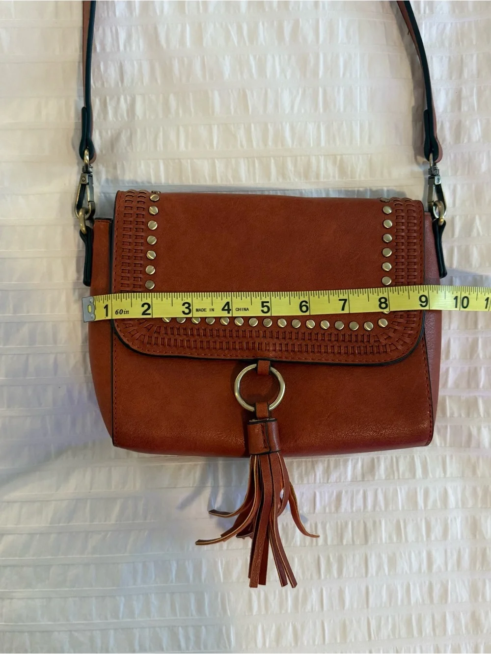 Tassel Studded Crossbody Bag - Brown